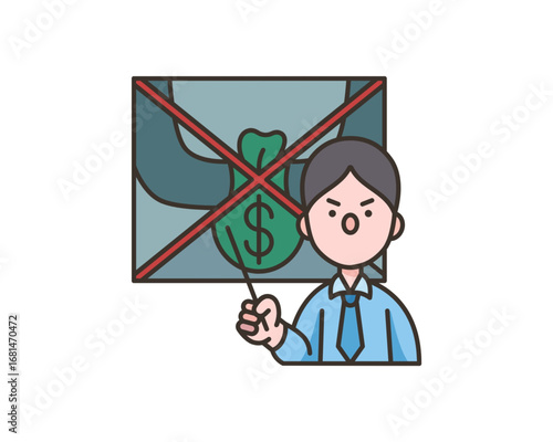 A business professional gives a presentation on anti-corruption, pointing to a crossed-out money bag, symbolizing the rejection of bribery and illegal funds