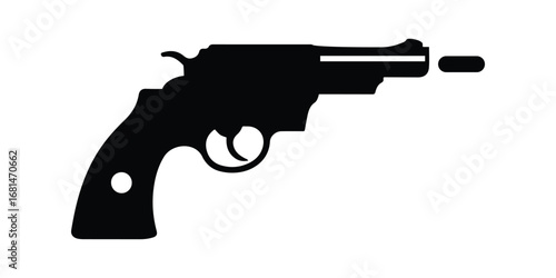 Black revolver gun silhouette isolated on white background, firearm weapon icon.