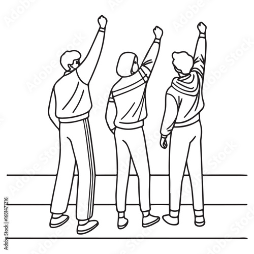 Three people with raised fists symbolizing unity protest or solidarity against a plain background in a line drawing style