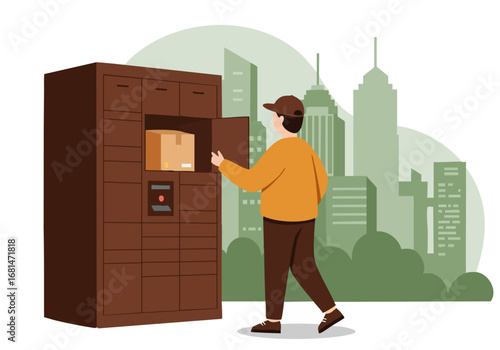 A delivery person places a package into a brown urban locker against a city backdrop. Modern, eco-friendly delivery solution. Clean, professional illustration.