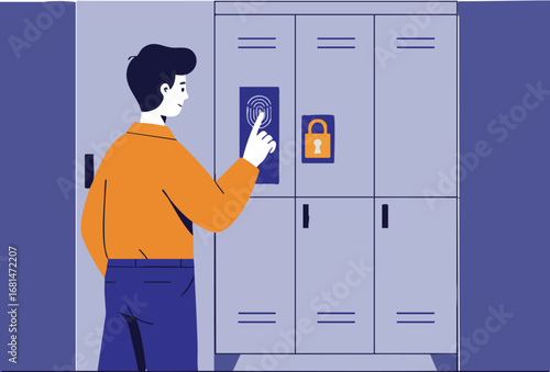 A man uses a fingerprint scanner to unlock a locker. Modern, secure design. Clean, professional aesthetic.