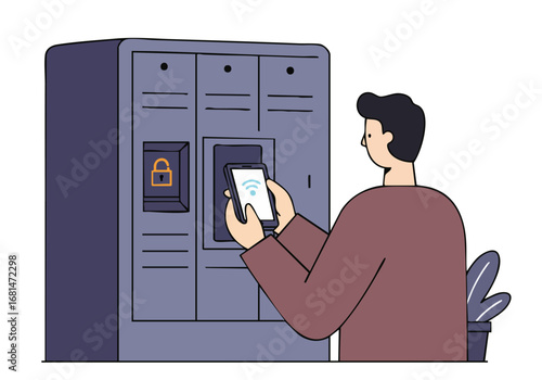A man uses a smartphone to access a secure locker. Modern illustration depicting digital access control. Clean, professional style.