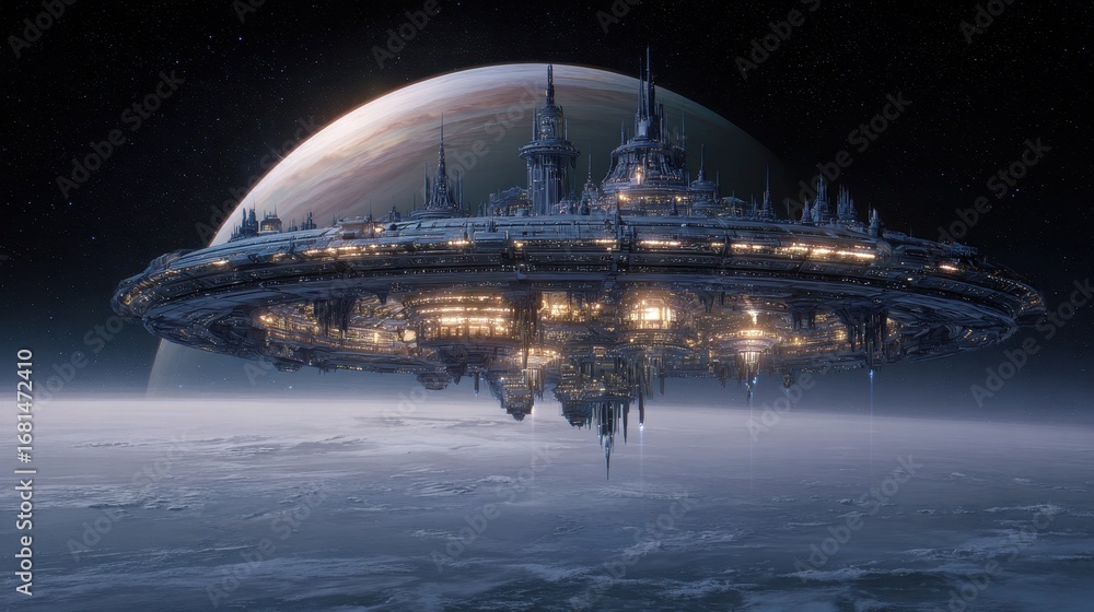 Obraz premium Gigantic Domed Alien City-Ship with Glowing Lights Hovering in Orbit.