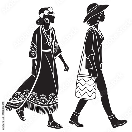 Two stylish women walking side by side in silhouette showcasing bohemian and casual fashion with hats and accessories