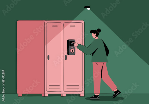 A woman uses a fingerprint scanner on a secure locker at night. Dramatic lighting highlights the scene. Modern, secure, and slightly mysterious.