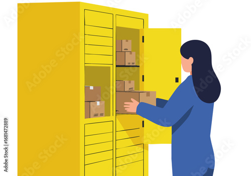 A woman deposits packages into a bright yellow deposit locker. Clean, modern illustration. Ideal for logistics, storage, and delivery concepts.