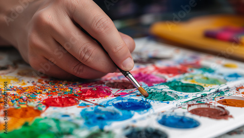 Close-up of an artist's hand mixing vibrant watercolor paints