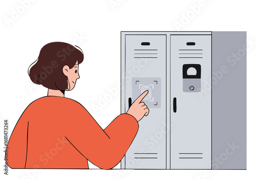 A woman uses fingerprint scanning to access a secure locker. Clean, modern design. Focus on biometric security. Suitable for tech and access control visuals.