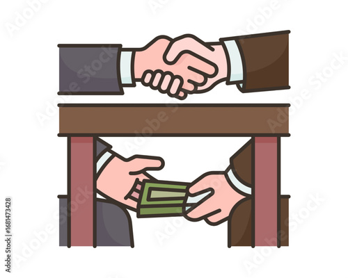 Concept of corruption and bribery shown by a secret money transaction happening under the table during a business handshake