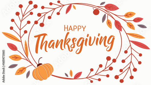 Vector art of a festive thanksgiving day greeting card with floral frame and pumpkin and text message