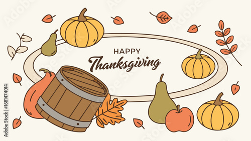 Vector art of thanksgiving illustration with pumpkins, pears, apple, leaves, and a wooden barrel