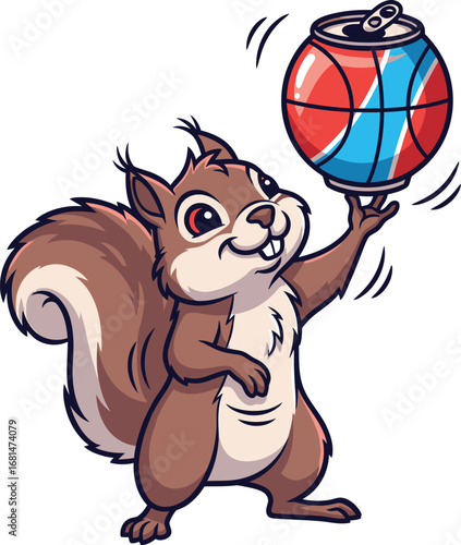 Funny Squirrel Cartoon Character Holding Soda Can Like a Basketball
