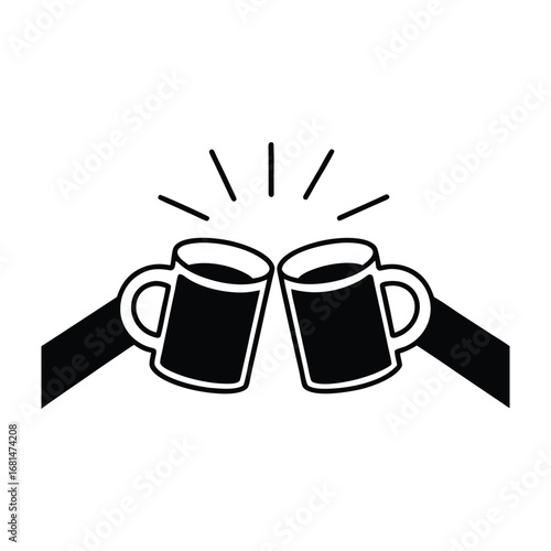 minimalist silhouette of two friends clinking coffee.