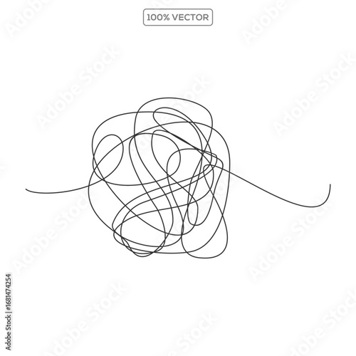 Doodle clew. Chaos lines, hand drawing tangled clew, insane mess scribble, confused brain thinking doodle, clutter complicated concept vector