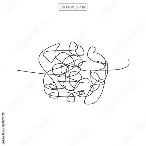 Doodle clew. Chaos lines, hand drawing tangled clew, insane mess scribble, confused brain thinking doodle, clutter complicated concept line vector
