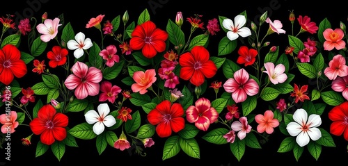 Wallpaper Mural Vibrant red, pink & white wildflowers with lush green leaves on a black background, seamless repeat, print, summer Torontodigital.ca