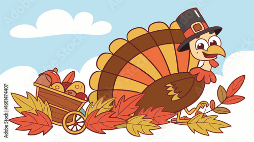Vector art of cartoon thanksgiving turkey with pilgrim hat and wagon