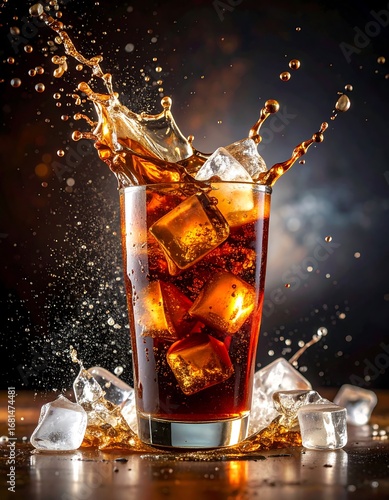 A tall glass of cola with ice cubes is depicted with a dynamic splash against a dark, bokeh-lit background.