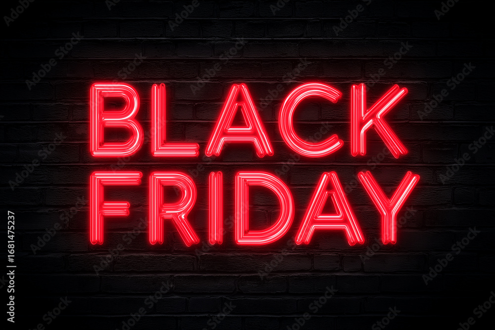 Fototapeta premium Black Friday sale banner mockup, glowing neon red text on dark brick wall