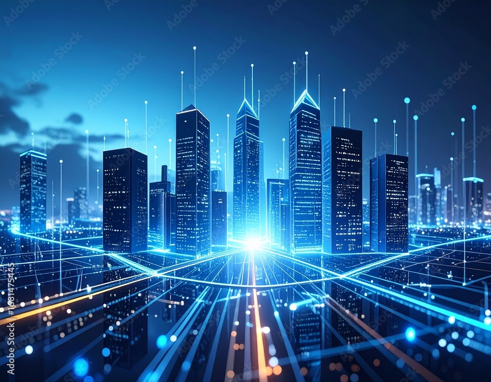 Obraz premium A glowing digital city illustration with upward arrows, symbolizing business growth and rising trends. Perfect for themes of innovation, technology, and economic progress