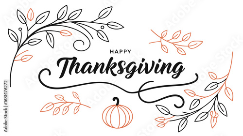 Vector art of happy thanksgiving with floral decoration and pumpkin for festive celebration