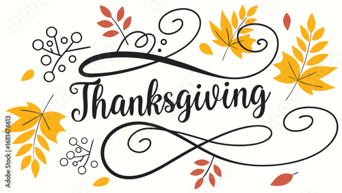 Vector art of elegant thanksgiving design with autumnal leaves and decorative swirls