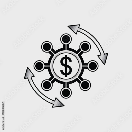 A black and white  icon design of a gear mechanism with a dollar sign ($) in the center. 