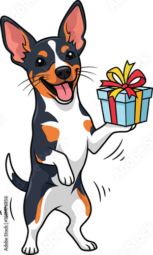 Happy Dog Standing with Gift Box and Ribbon in Paw