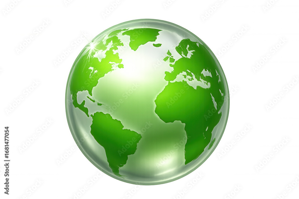 Fototapeta premium Rotating green world globe with light reflections, symbolizing global environmental conservation on transparent background