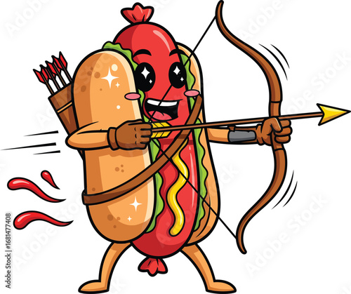 Funny Cartoon Hotdog Character Shooting Bow and Arrow with Happy Expression