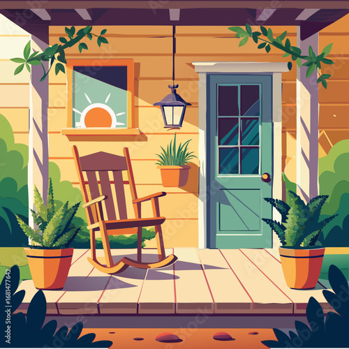 Charming cartoon vector illustration of a welcoming front porch with a rocking chair and potted plants