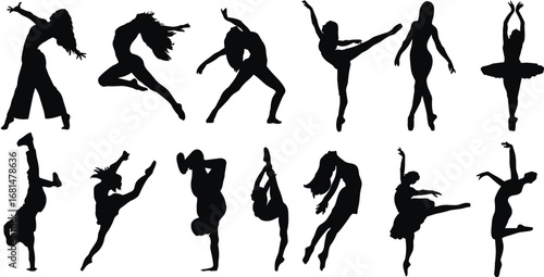 Silhouette dancers performing artistic movements, contemporary dance poses, ballet figures, graceful body motion, expressive choreography illustration