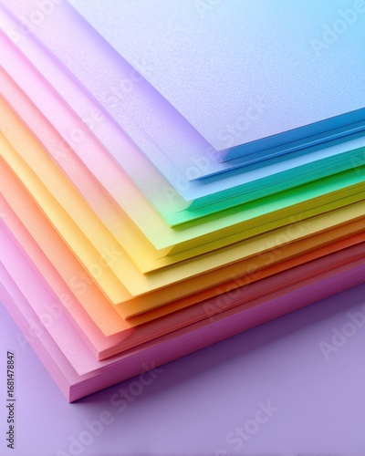 Layered stack of textured paper in a soft pastel rainbow gradient.