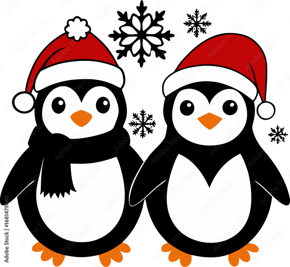 Naklejka premium Cute penguins in Christmas hats with snowflakes silhouette vector black , white background