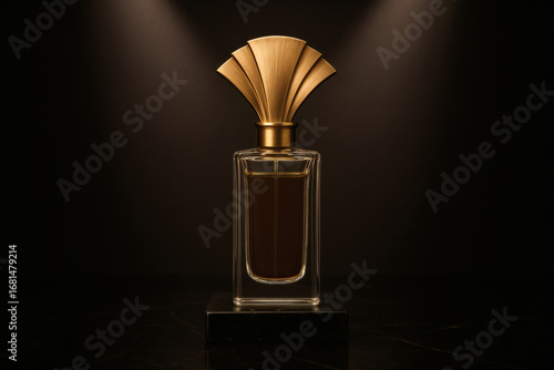 Luxurious Perfume Bottle with Gold Cap on a Black Stand