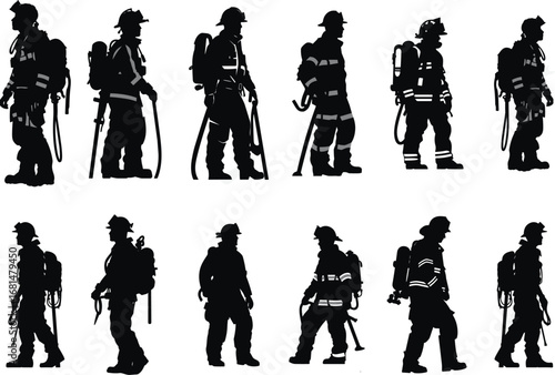 Silhouette firefighter team standing with equipment, emergency workers in protective gear, fire safety heroes illustration vector