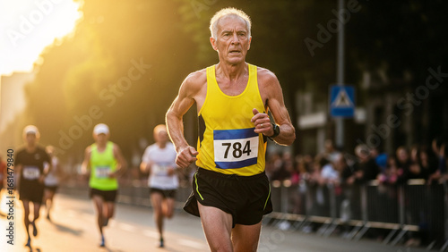 Elderly marathon runner in yellow tank top number 784, focused senior athlete competing in a road race at sunrise with blurred competitors behind, active healthy lifestyle fitness concept