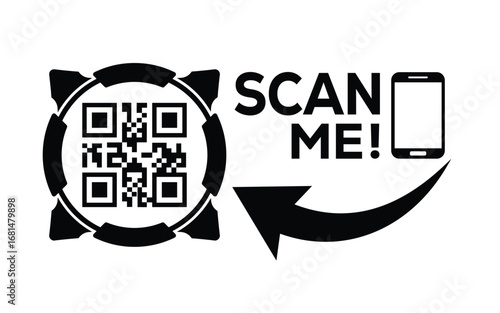 Minimalist black QR code graphic with frame, bold “SCAN ME!” text, smartphone outline, and curved arrow on white background. Clean, modern, digital design for tech or marketing use.