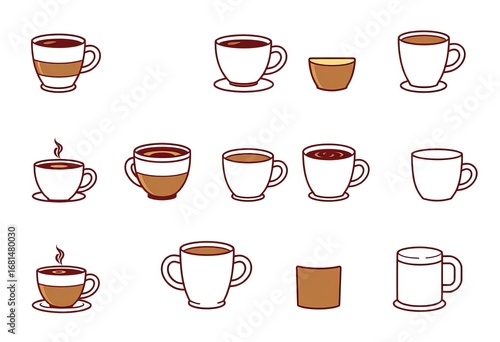 Linear icons of various coffee cups, mugs, and espresso cups Vector illustration,  takeaway,   pot