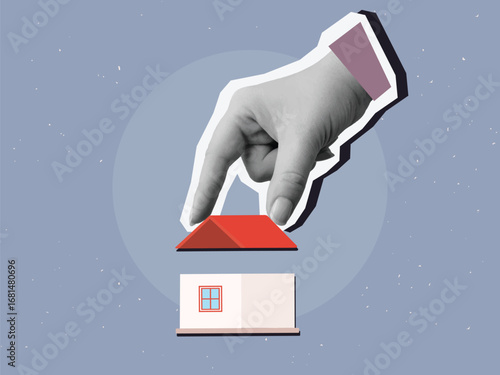 Black and white hand puts red roof on house. Construction concept. Modern collage style. Vector illustration