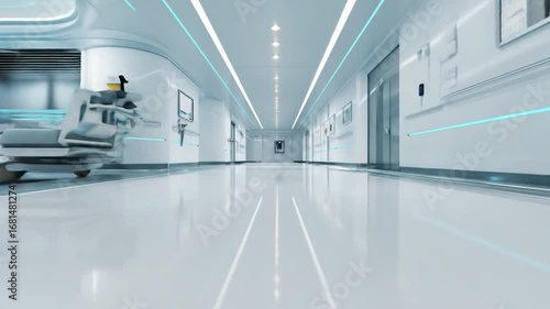 Modern Medical Corridor: A pristine hospital corridor bathed in cool, futuristic tones, hinting at advanced healthcare and innovation with its clean lines and technological ambiance.
