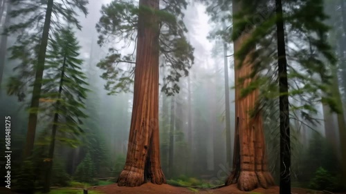 Foggy forest with giant sequoia trees, nature landscape and evergreen pine trees.