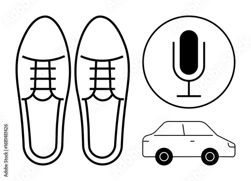 Pair of lace-up shoes, circular microphone, and a compact car. Ideal for automotive, fashion, audio, communication, travel, product branding simple landing page
