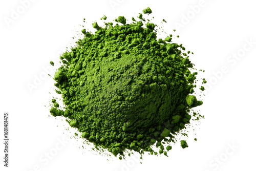 A vibrant, bright green pile of powdered substance, likely matcha, sits centered against a pure black background.  It's a slightly irregular, mound-like shape, densely packed