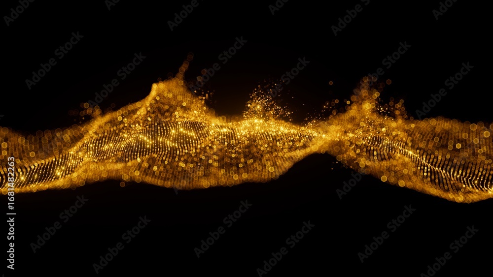 Fototapeta premium 3d render illustration of shiny abstract gold glitter wave on black background. Sparkling, luxurious swirl of particles.