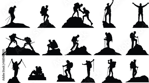 Silhouette of hikers climbing mountain, trekking adventure with backpack, teamwork, outdoor exploration, success and victory concept