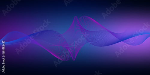 Abstract digital sound wave equalizer particle lines with red, purple, blue gradient on dark background. Design element for music, futuristic technology science decoration. EPS10