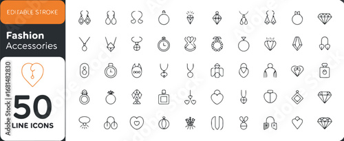 A collection of 50 thin line art jewelry and fashion accessory icons arranged in a grid format.Editable stroke.