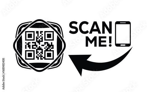 Minimalist black QR code graphic with frame, bold “SCAN ME!” text, smartphone outline, and curved arrow on white background. Clean, modern, digital design for tech or marketing use.
