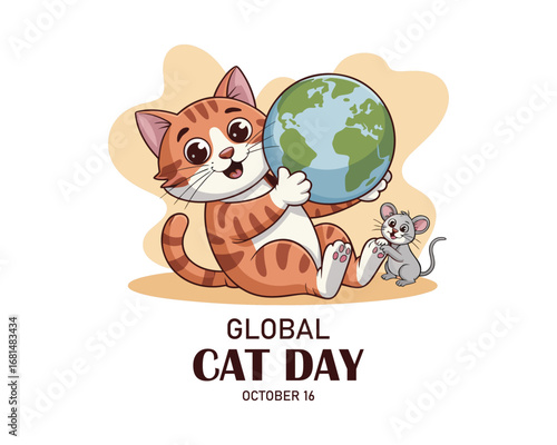 Global cat day illustration with cute cat on globe for pet lovers and cat owners.